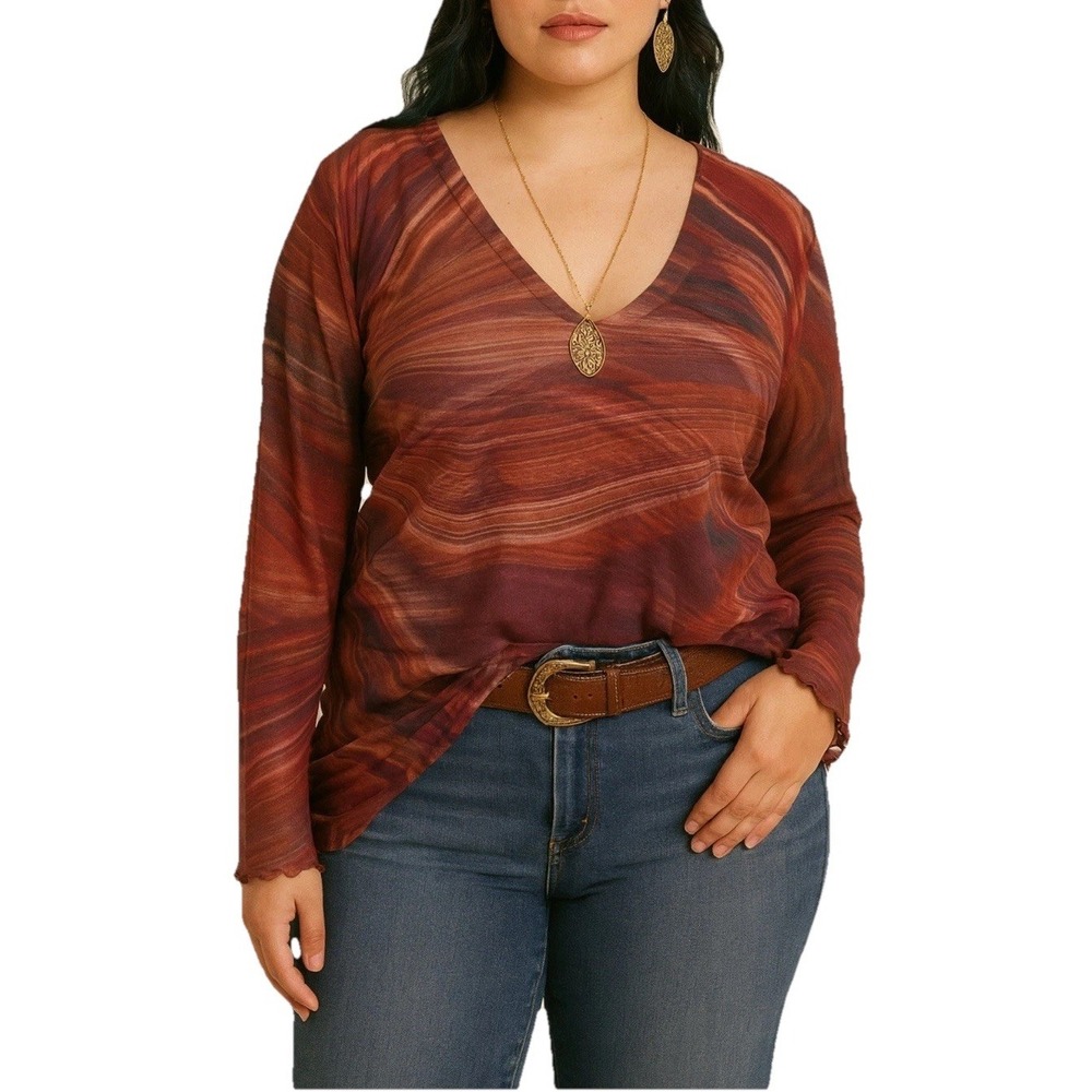 Victor Carlini Blouse Women XL Multicolor  Sheer Lettuce Hem Stretch Bohemian